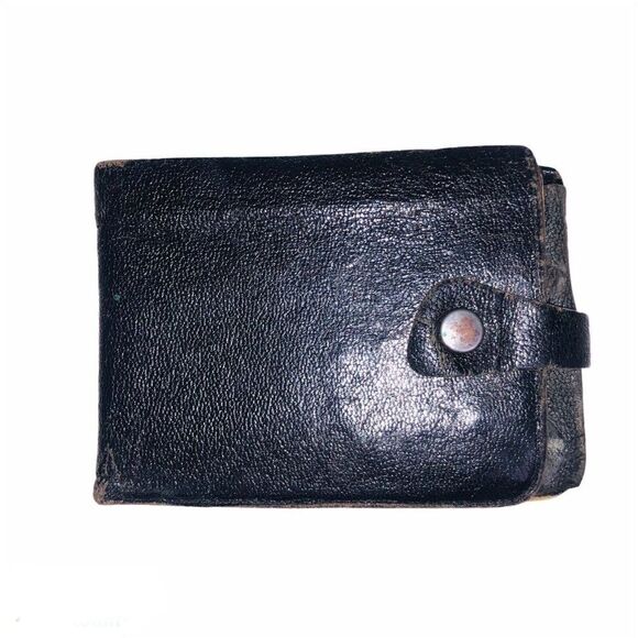 Vintage 70sMens Black Genuine Leather Folding Wallet ID Pictures Bill Holder Key - Picture 1 of 9